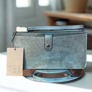 A New Day NWT Mint Metallic Shiny Blue Wristlet with Strap 8x4